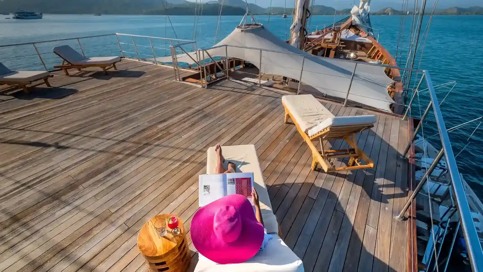 Upper deck lounge on a luxury phinisi in Komodo